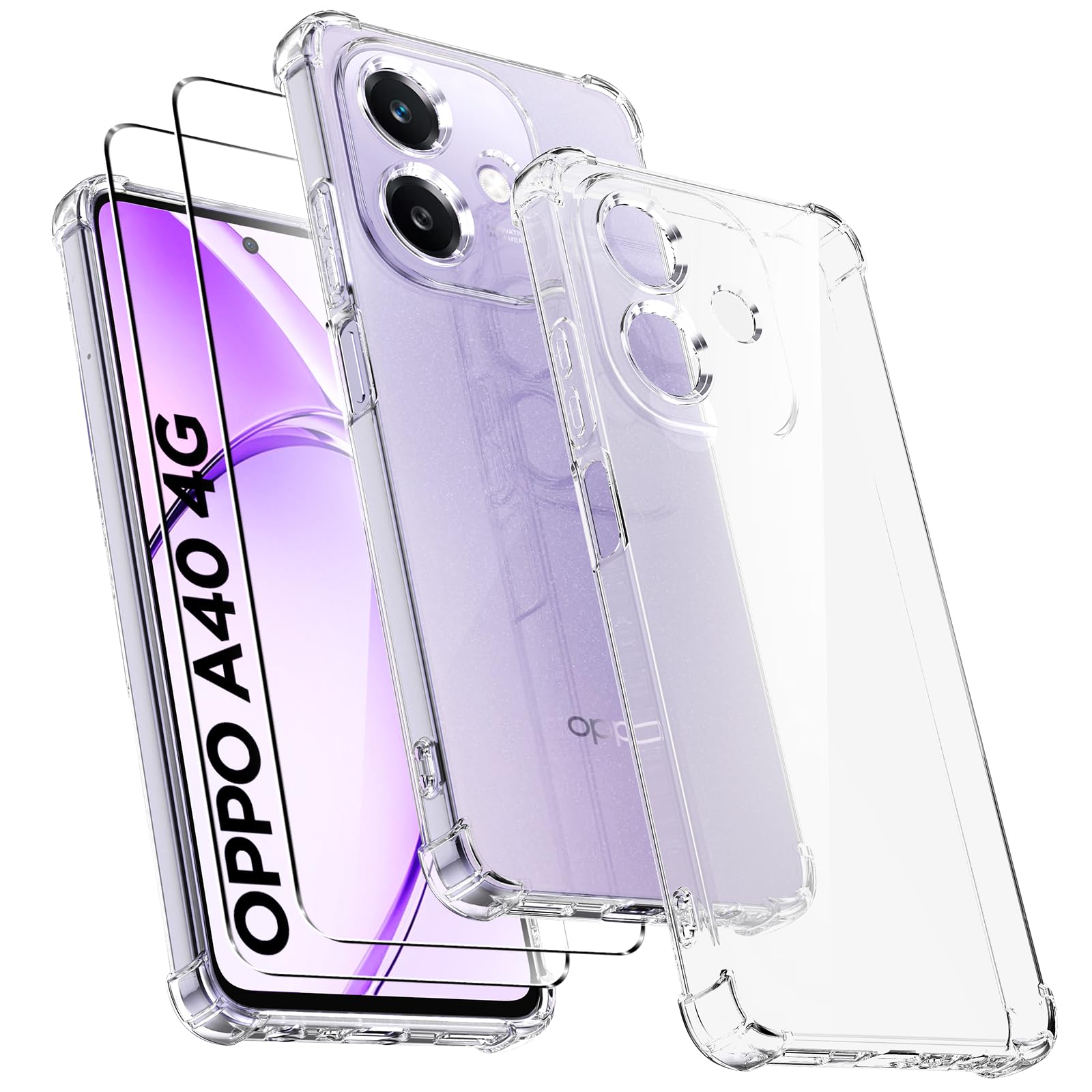 Ikziwreo - Cover per Oppo A40 / Oppo A40M / Oppo A60 5Gcon 2 pezzi in vetro temperato, custodia in silicone TPU trasparente morbido [paraurti con angoli rinforzati], protezione trasparente antiurto