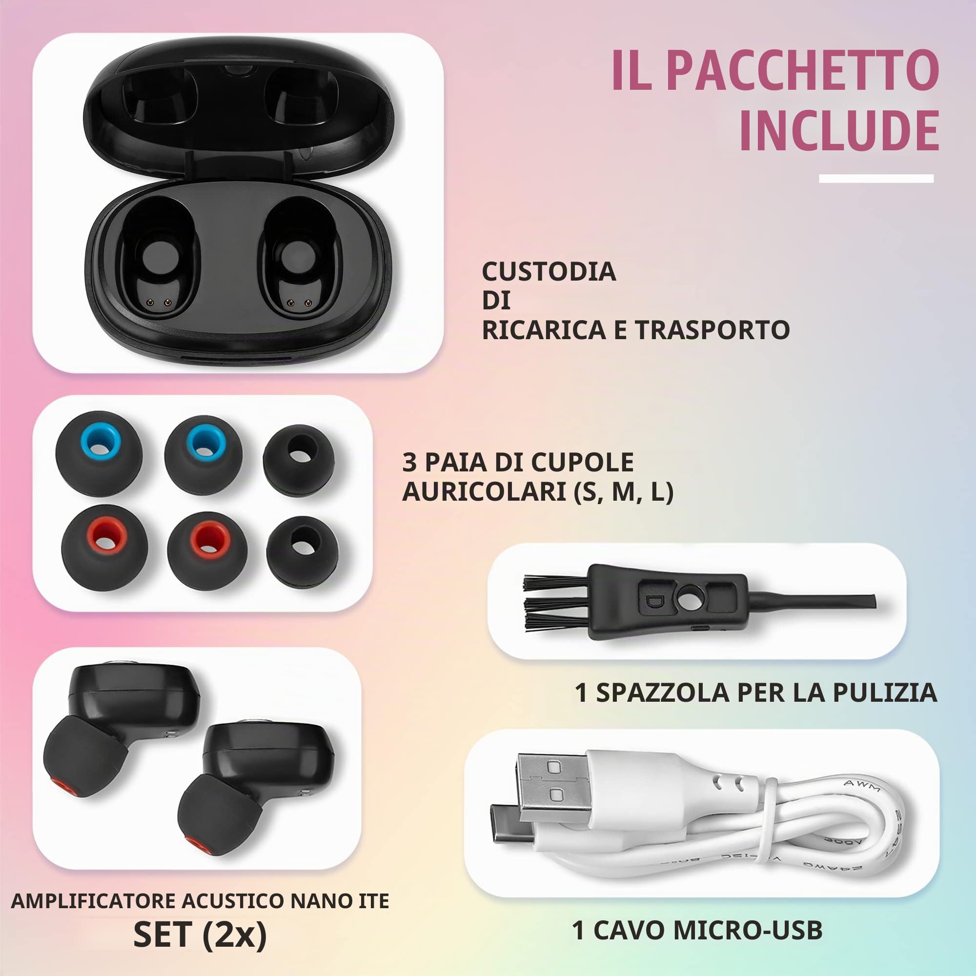 Coppia di dispositivi digitali acustici a cancellazione di rumore ricaricabili per anziani e adulti - ITC Nano Personal - Dispositivo di controllo a un tocco con bassa distorsione, nero