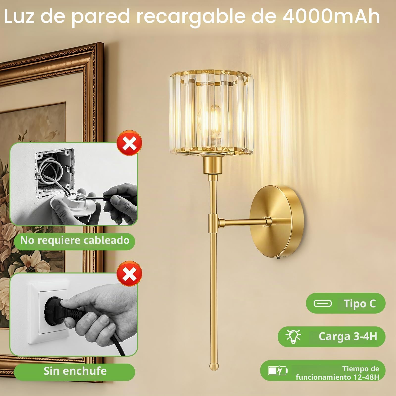 Kimjo Aplique Pared Interior Sin Cable de Cristal, Lampara Pared Recargable | 4000mAh Dorado Aplique Pared Recargable, USB-C Dimmable Lámparas de pared con Mando a Distancia, Temporizador, 2 Pieza