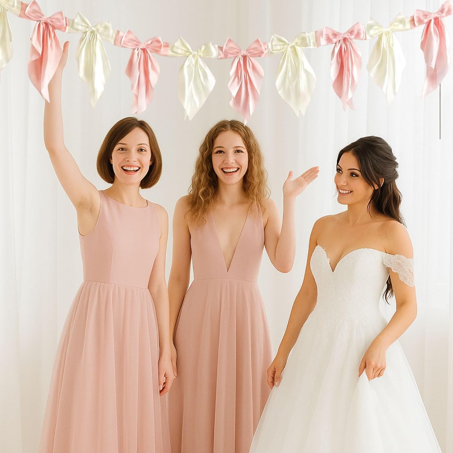 2pcs White Pink Bow Garland Banner 82.7 inch, Satin Ribbon Bow Decorations for Birthday Bachelorette Engagement Wedding Party and Anniversary Decor