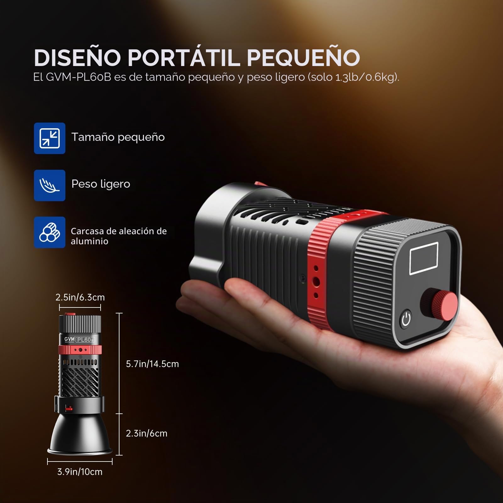GVM PL60B - Lámpara de vídeo (60 W, para iluminación de estudio COB, iluminación de fotografía portátil para grabación, iluminación de vídeo LED portátil, proyector exterior para control por