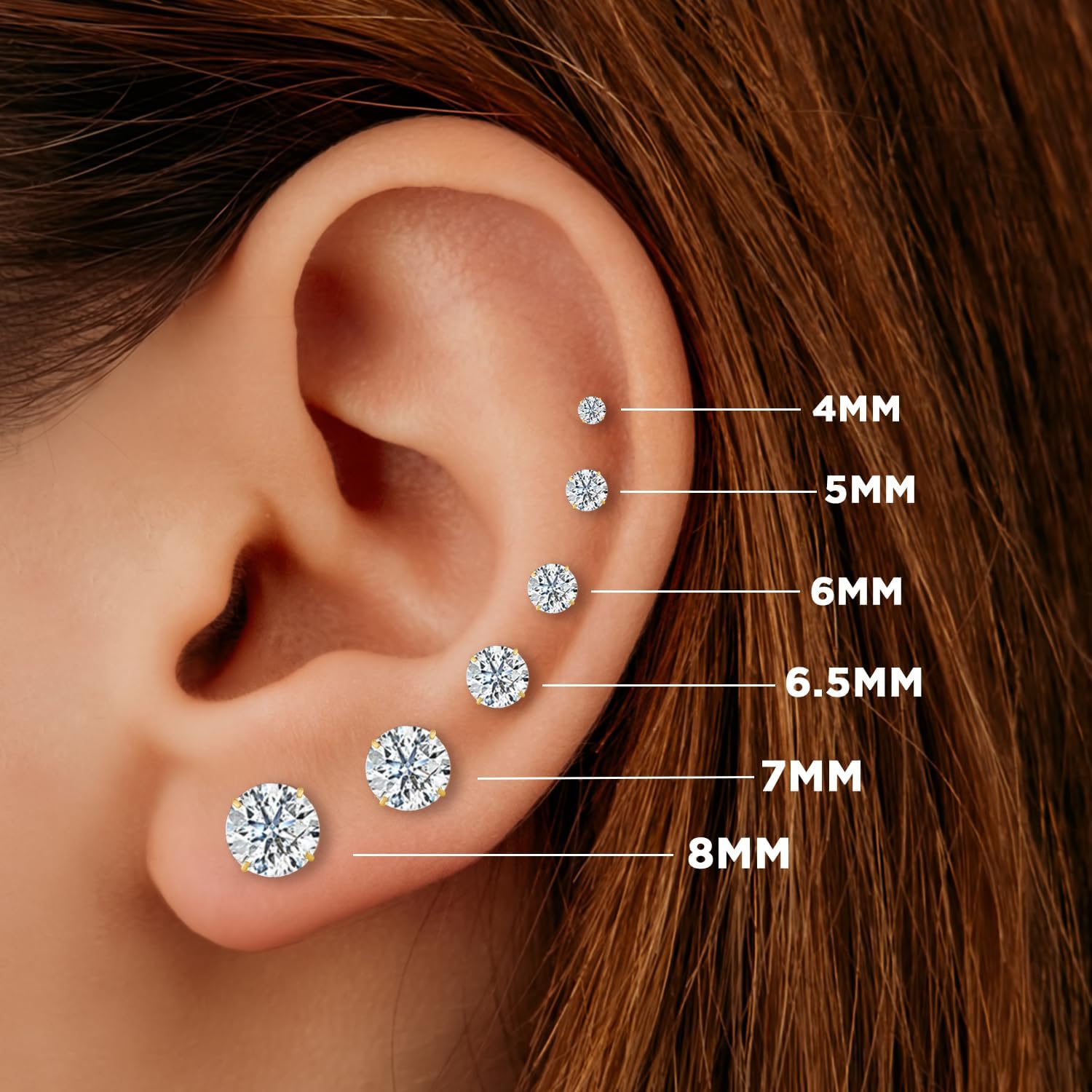 14k Gold Solitaire Round Cubic Zirconia CZ Stud Earrings for Women & Men with 14k Gold Butterfly Push Backings | 4MM-8MM with Gift Box