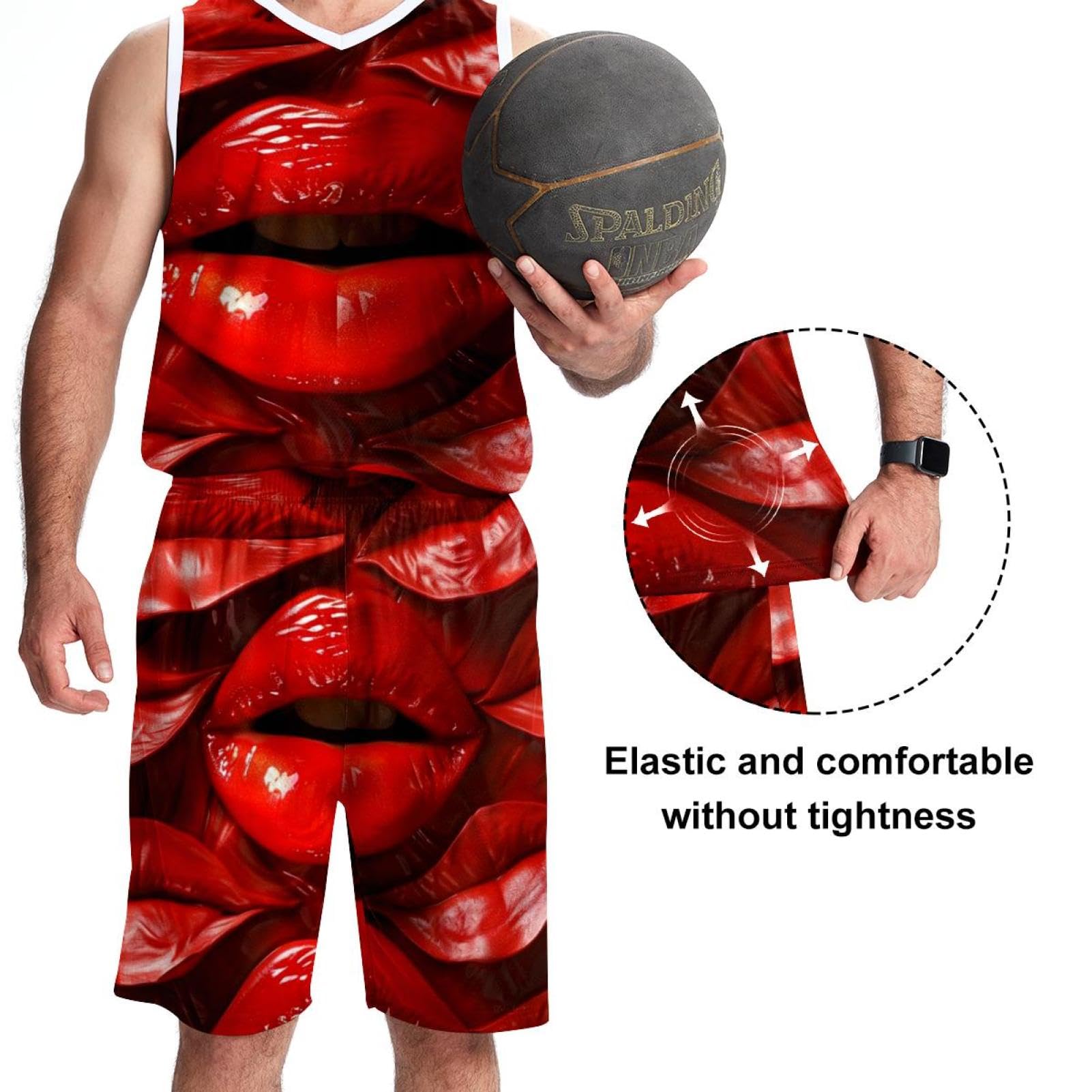 Herren-Basketballanzug mit Taschen, Sportbekleidung für Männer, Teenager, Teamuniform, leuchtend rote Lippen, Größe 5XL