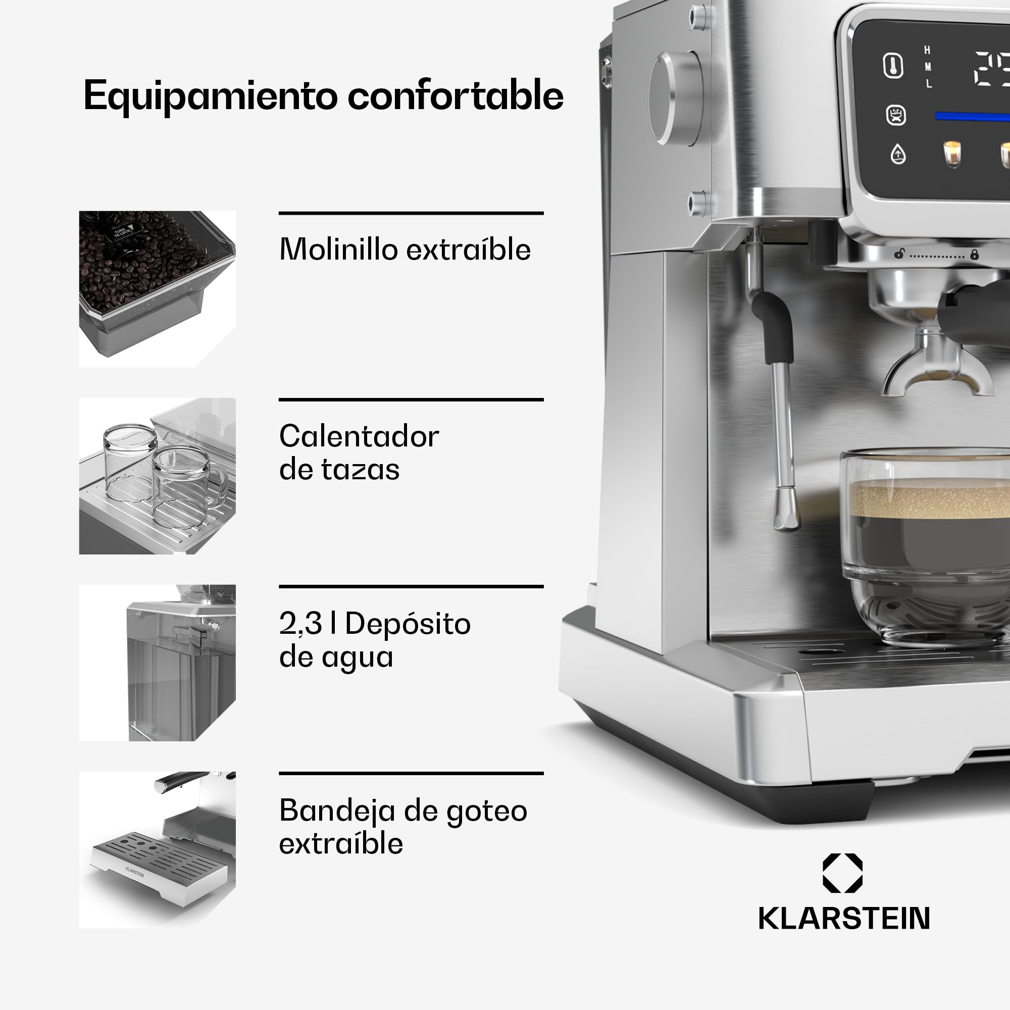 Klarstein GrandPresso Touch Cafetera Exprés 20 Bares - Pantalla Táctil, Molinillo Integrado, 2,3L, Acero Inoxidable, Espumador de Leche, Sistema Thermoblock, Cafetera Espresso