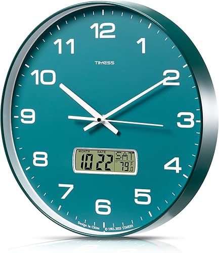 Miniatura 14 de Reloj de pared TIMESS, esfera de 10" sin tictac, silencioso, funciona con pilas, analógico con pantalla LCD para calendario perpetuo y temperatura