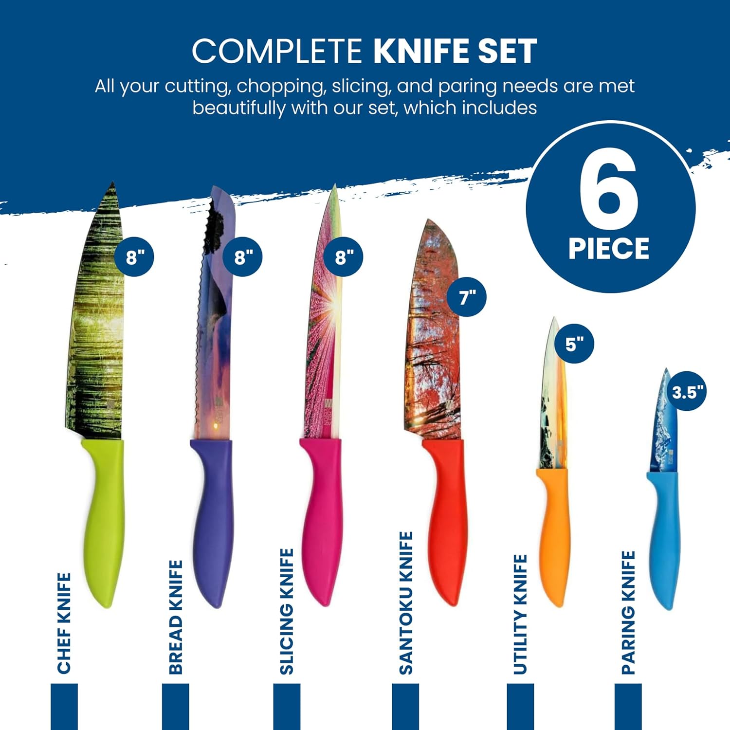 CHEF'S VISION Landscape Knife Set - 6-Piece Stainless Steel Cutting Knives Set for Kitchen with Stunning Nature Scenes - Perfect House Warming Gift for Women or Men - Unique Kitchen Knife Set Gift