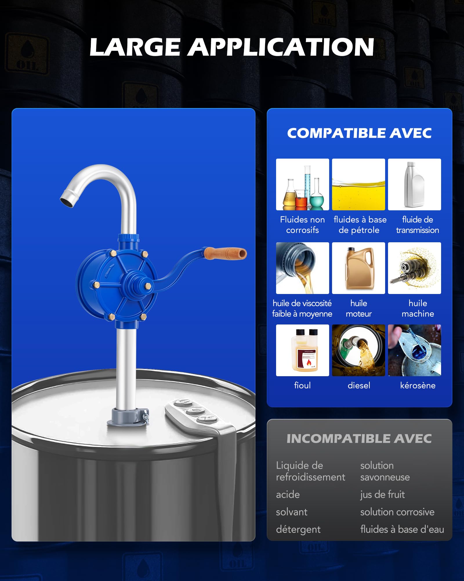 Orion Motor Tech Pompe Manuelle Carburant pour Fût 200L, Pompe de Transfert à Manivelle en Aluminium pour Diesel et Huile Moteur, Pompe à Huile avec Tuyau de 1m pour Fûts de 60 à 200 Litres