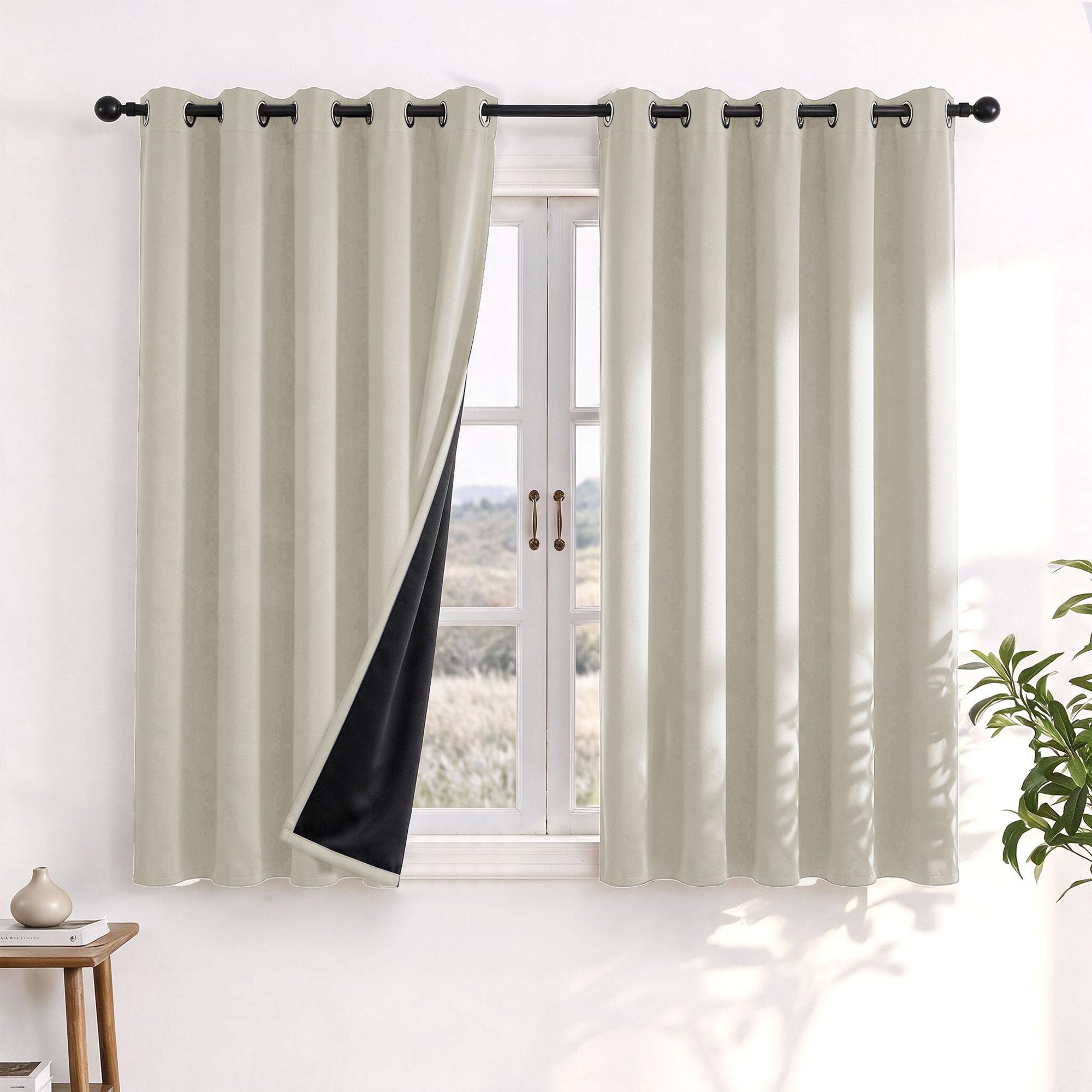 Deconovo 100% Blackout Curtains for Bedroom 66 x 54 Inch, Thermal Eyelet Curtains with Black Backing & Energy Saving for Living Room, 2 Panels, Light Beige