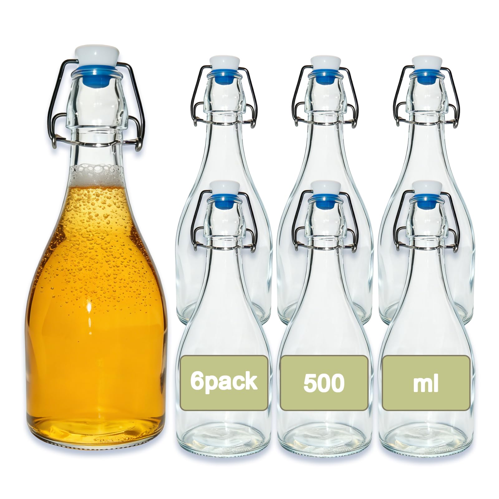 Bamysol 6PCS swing top bottles - Premium glass bottles 500ml Airtight Clear kombucha bottles for Brewing, Fermentation, Water, Oil & Vinegar - Heavy Duty & Leakproof
