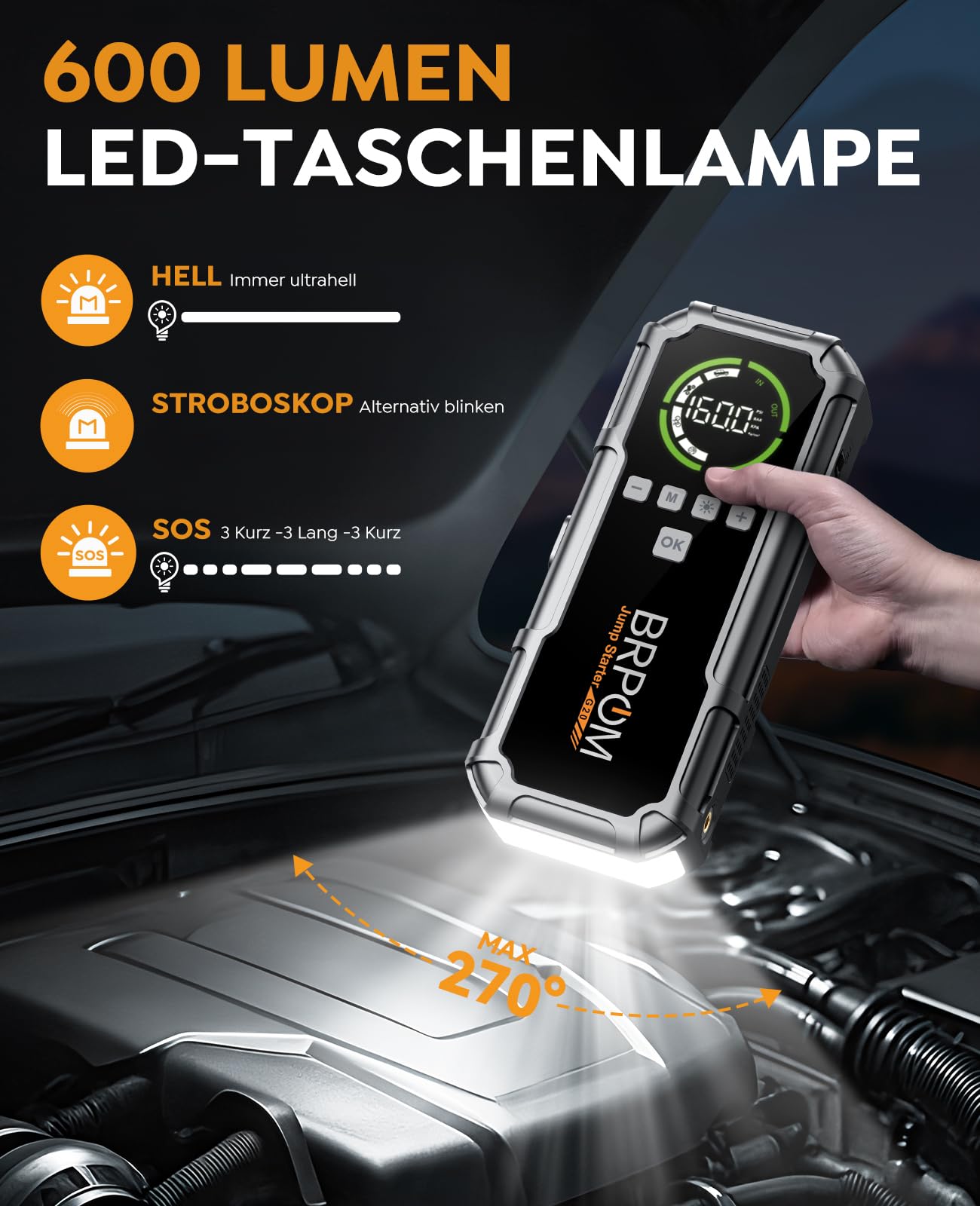 BRPOM Starthilfe Powerbank 8000A, Auto Starthilfe mit Kompressor 160PSI, 26800mAh Batteriestarter für alle Benzinmotoren und bis 12,0L Dieselmotoren, LED-Licht und Powerbank
