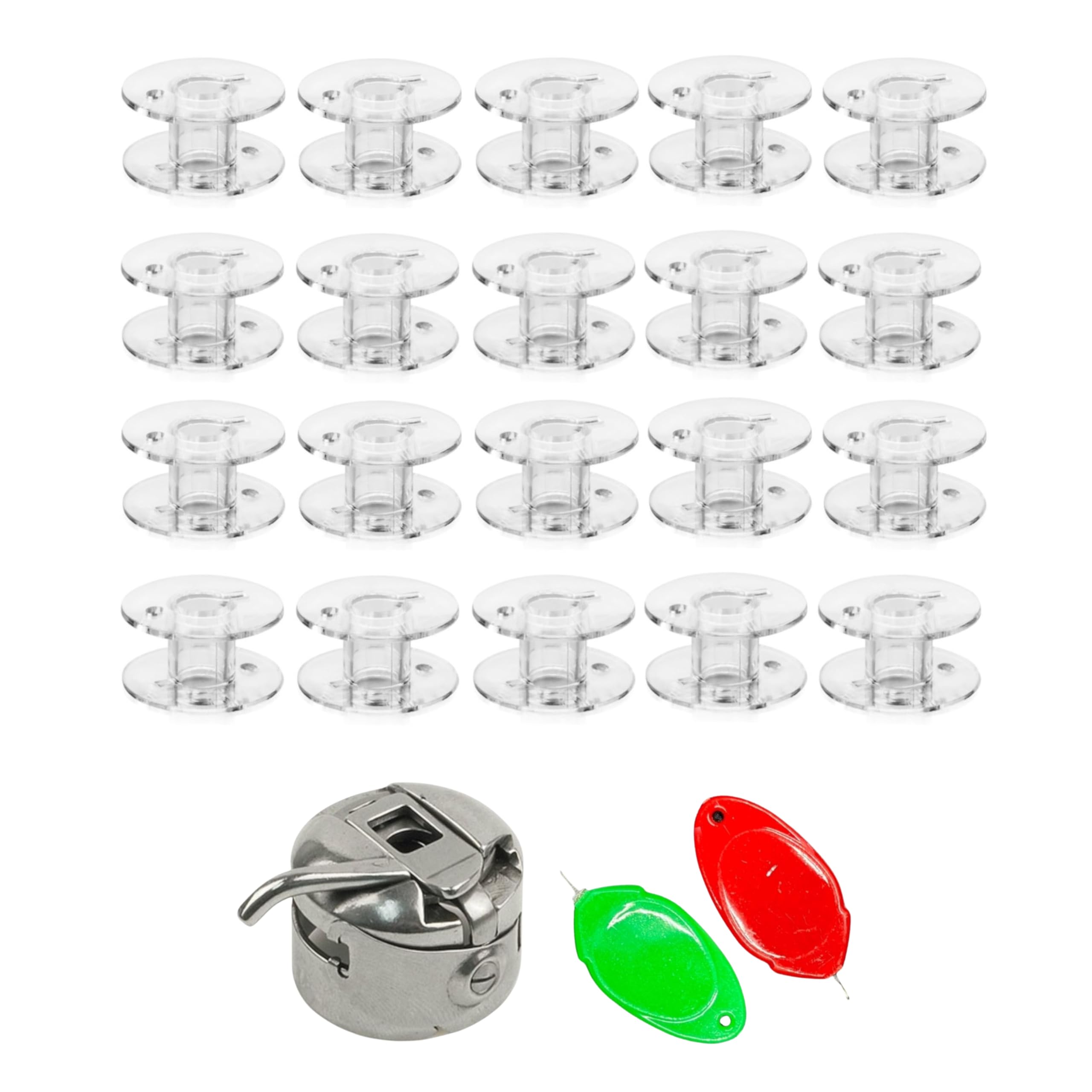 ZENITH Bobbin Case and Plastic Transparent Bobbins & Threader Sewing Machine Accessories Kit for Automatic Electric Sewing Machines, Compatible with Usha Janome, Bernette, Singer 8280, Brother (1 Bobbin case + 20 Plastic White Bobbins + 2 Threader)
