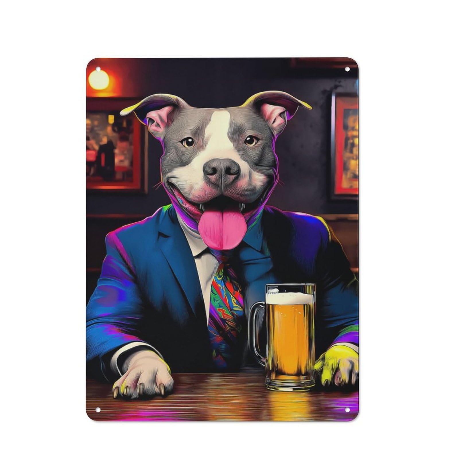 Junmoney Dog In Suit Enjoying Beer At Bar -15 Metal Wall Sign 40X30cm, Rustic Decor For Home Bar Wall, Gift Idea At Christmas For Hosts Who Enjoy Retro Interiors