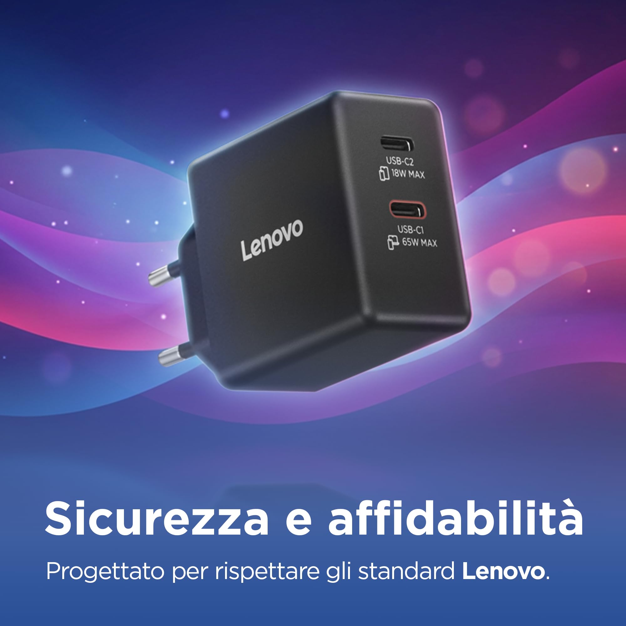 Lenovo Dual USB-C 65W GaN Charger - EU, 2 porte USB-C con split 45W+18W, caricatore compatto per notebook e dispositivi USB-C