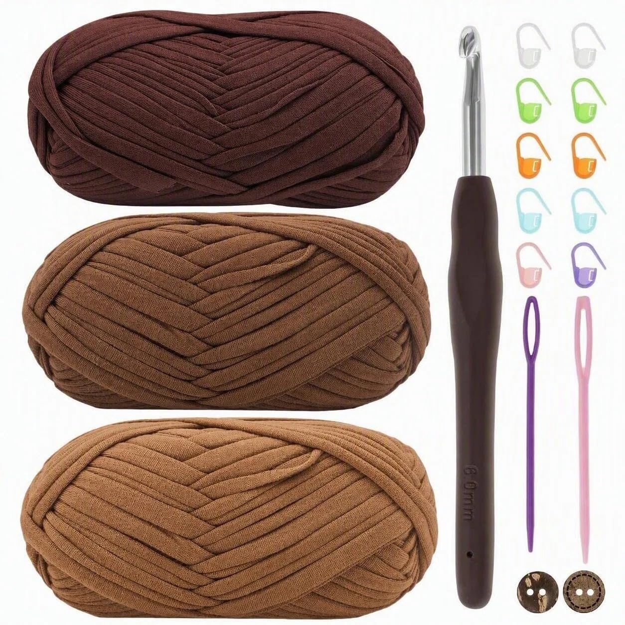 T-Shirt Yarn for Crocheting 3x100g Chunky Crochet Yarn with 6mm Hook, Perfect for Crocheting Projects - Beginner - Friendly Elastic Fabric for DIY Crafts
