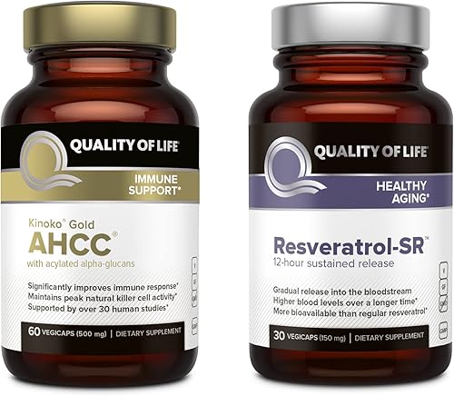 Quality of Life - Paquete de envejecimiento inmunológico y saludable - Cuenta con Kinoko Gold AHCC y fórmula de liberación sostenida Resveratrol SR