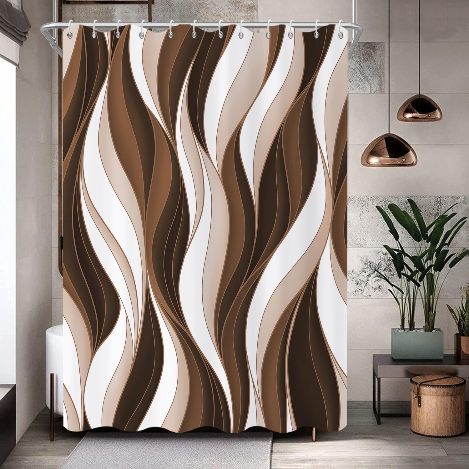 GCIREC Shower Curtain, 180x200cm, Modern Abstract Brown White Ombre Striped Minimalist Art Waterproof Fabric Machine Washable Bathroom Curtain with Hooks