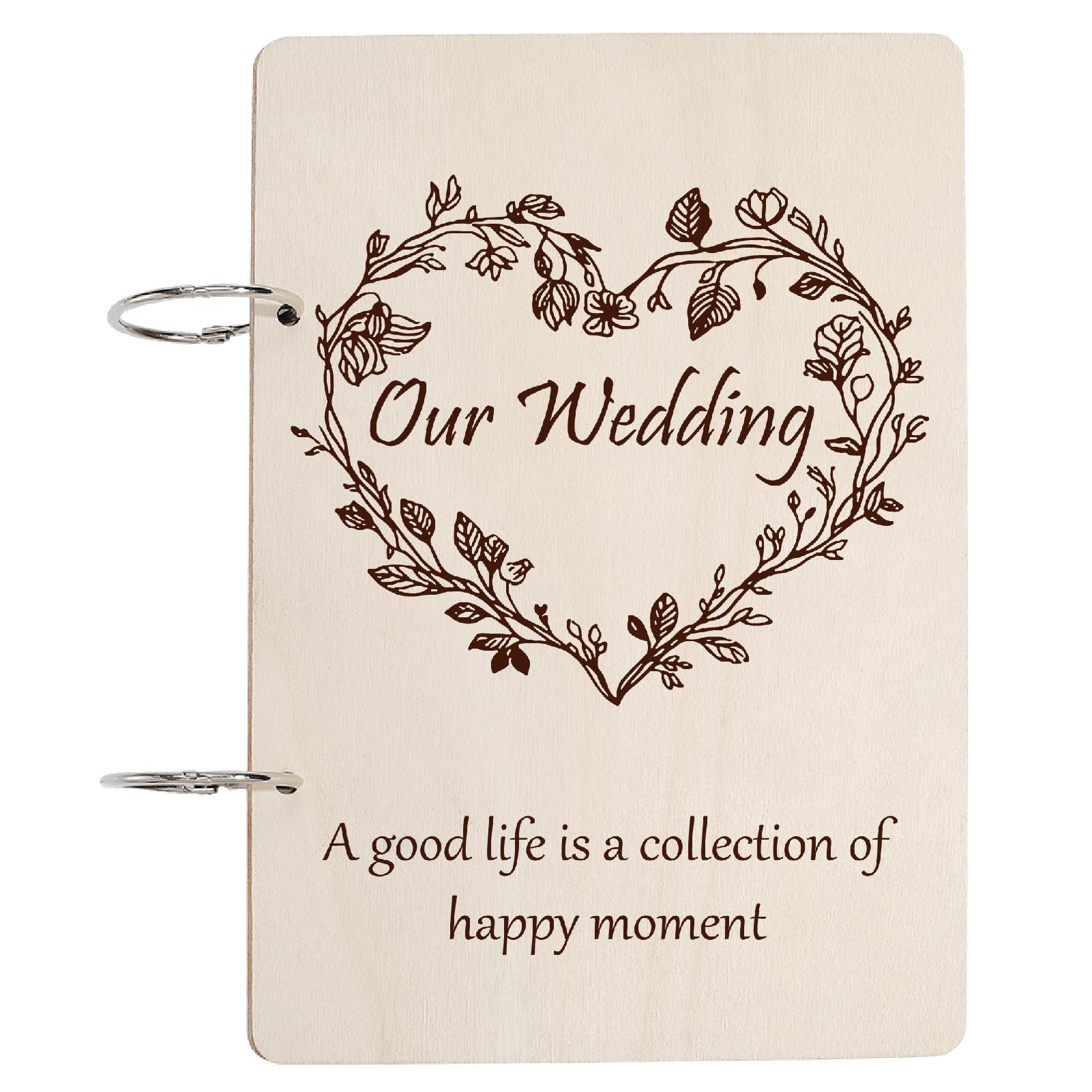 PRESSINART Wedding Card Keeper Greeting Card Binder, Our Wedding Heart-shaped Wreath Pattern Wooden Organizer Storage Keepsake Book Holders Postcard Album with 2-Rings for Memory Picture Wedding Gift