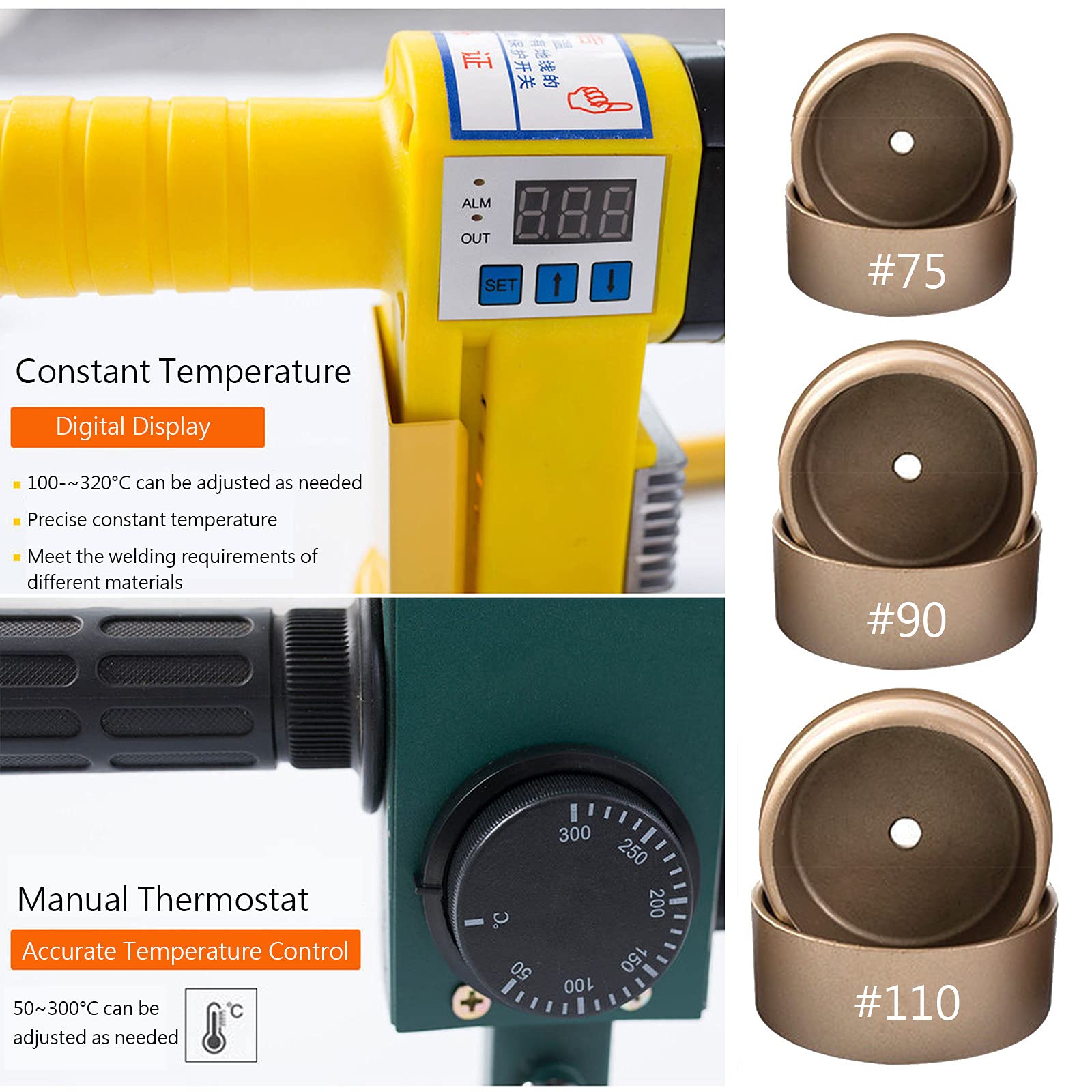 Soldador de fusión de tuberías, máquina de Soldadura de tuberías de Agua con Pantalla Digital de Mano con Cabezal de Troquel de 3 Piezas, para soldar tuberías PPR/PE/PP (75-110) (A)