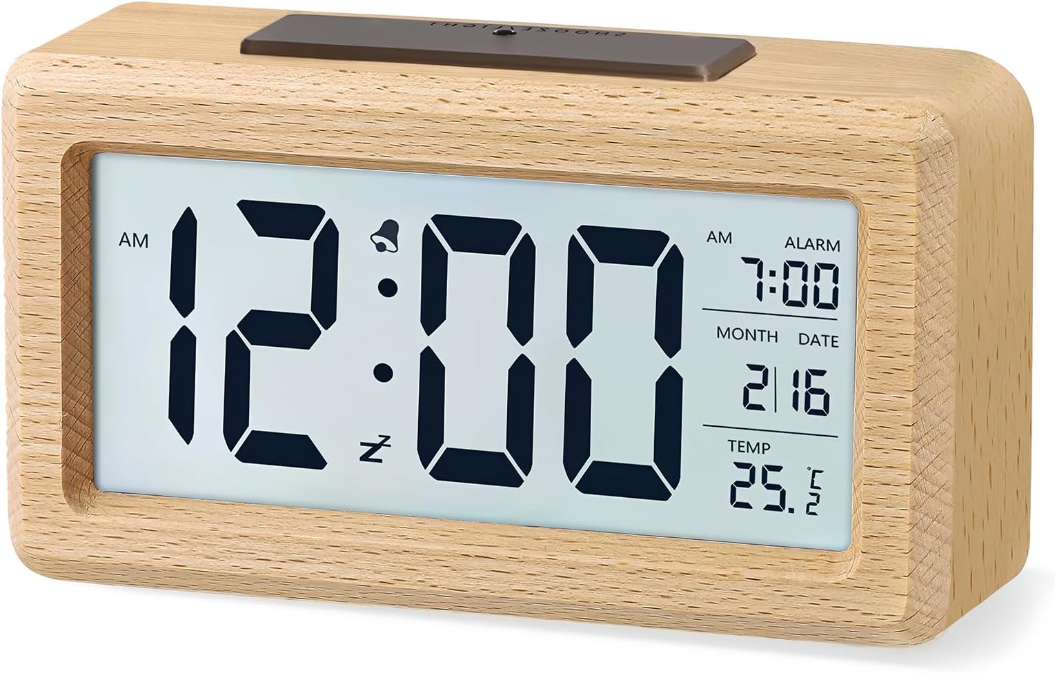 aboveClock Digital Alarm Clock, Wooden Bedside Clock with Large LCD Backlit Display, Temperature, Snooze Function, Brightness Sensor, 3 AAA Battery Operated【Battery NOT Included】