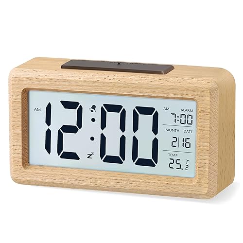 Réveil Numérique en Bois, Réveil LCD Horloge Digitale sans Tic-tac