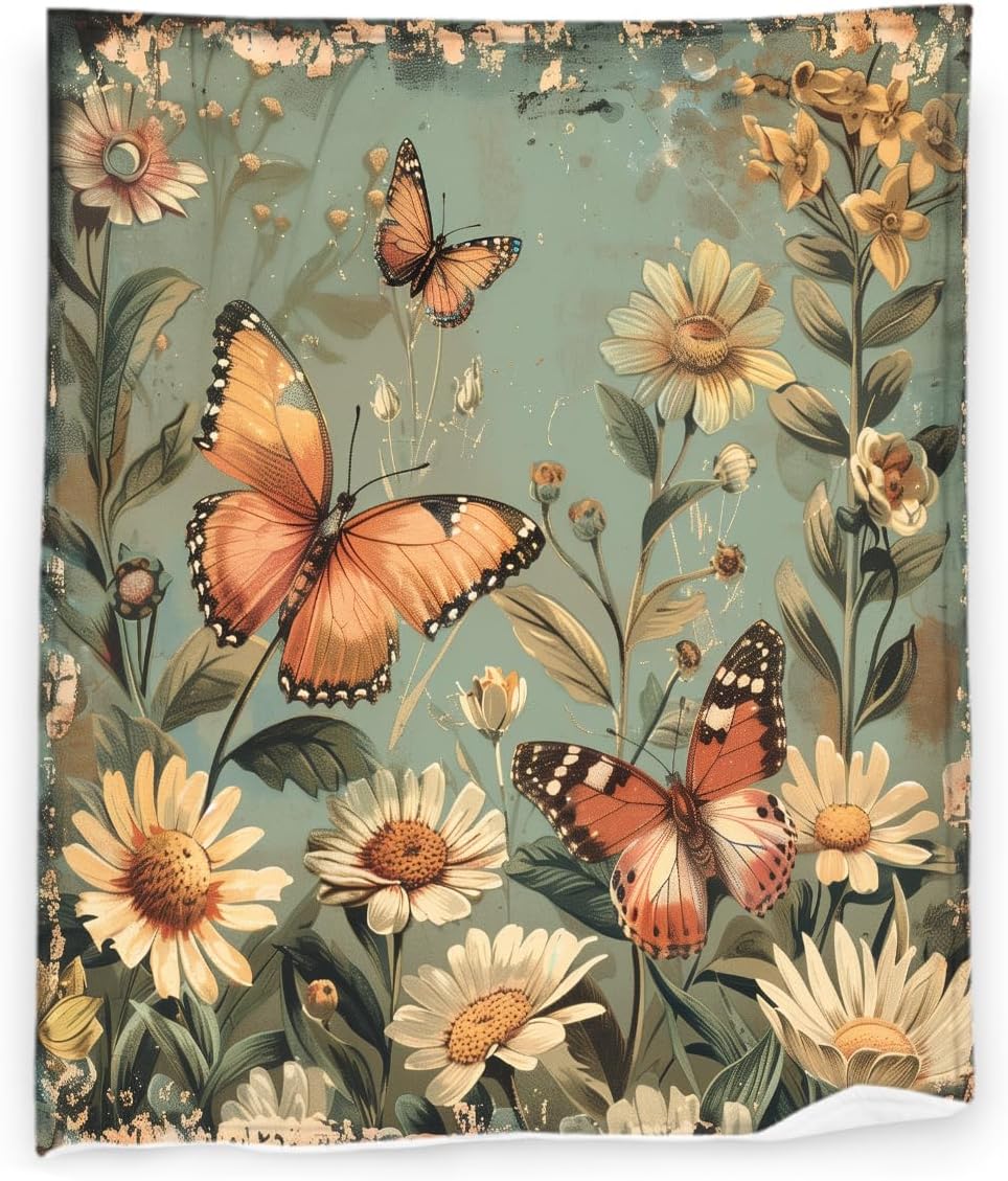 Vintage Butterflies 60" x 80" Butterfly Retro Floral Super Soft Bedding Fleece Throw Blanket Luxury Bed Blanket Sofa Living Room Bedroom Warm Lightweight for Men and Women