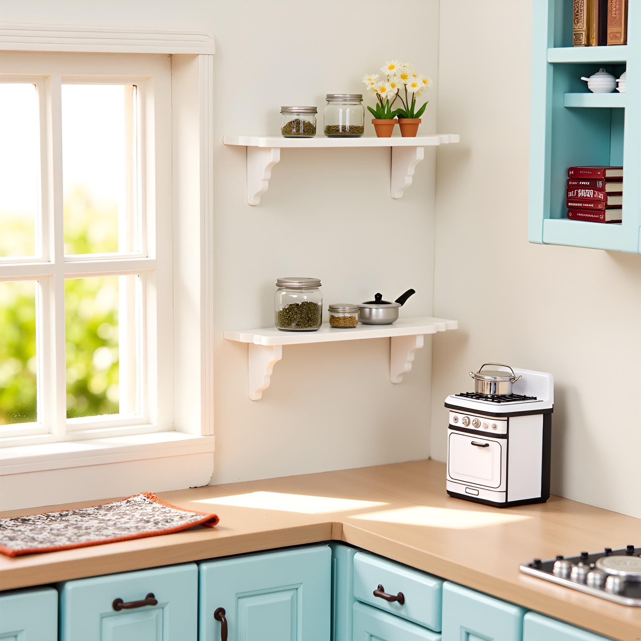 2 estantes de pared blancos para casa de muñecas, estante de almacenamiento en miniatura a escala 1:12 para accesorios de decoración de escenas de cocina 6