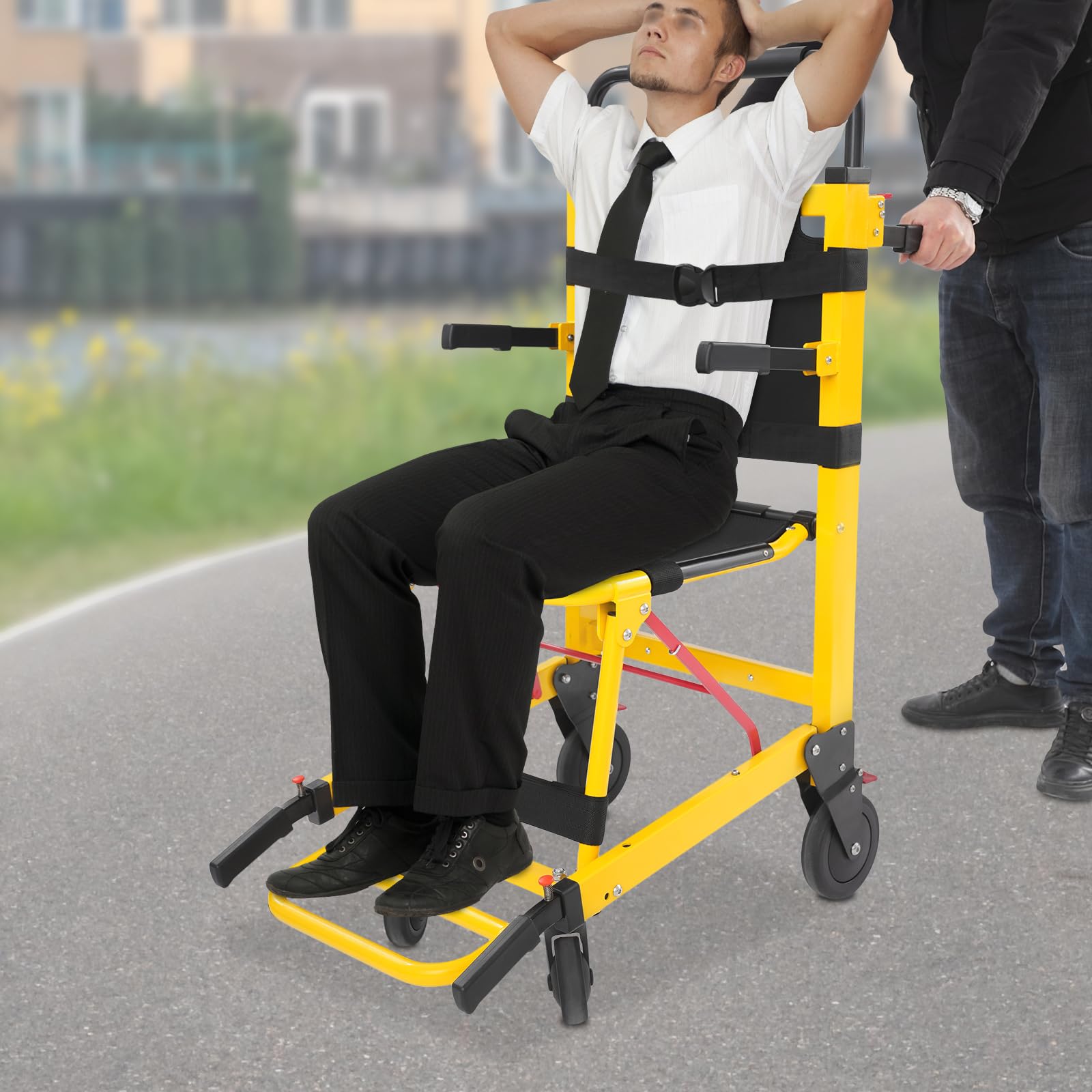 EMS Silla de escalera de aleación de aluminio, silla plegable de 350 libras, silla de evacuación multiusos de 2-4 ruedas para bomberos, silla de escalera manual para personas mayores, discapacitados