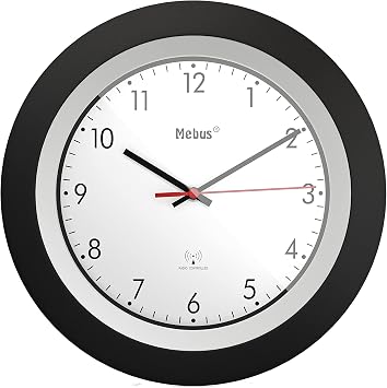 Mebus Radio-Controlled Wall Clock, Classic Model, Black Frame, White Dial, 30 cm Diameter, Round, Radio Controlled Clock DCF77, Model 19447, Colour Black, White