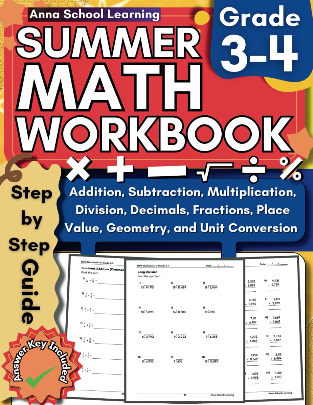 Summer Math Workbook Grade 3-4, With Addition, Subtraction, Multiplication, Division, Decimals, Fractions, Place Value, Geometry, and Roman Numerals ... Workbook With Answers (Summer Math Workbooks)