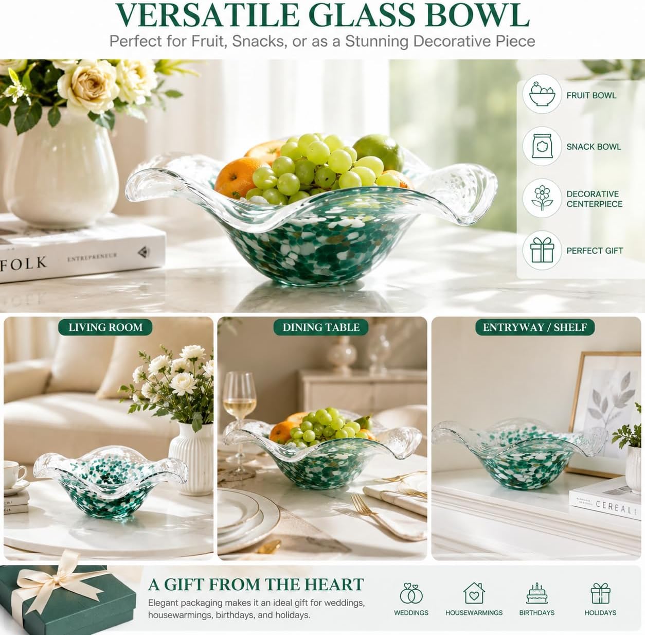 Hand Blown Glass Bowl Decorative Dish Fruit Bowl Home Decor