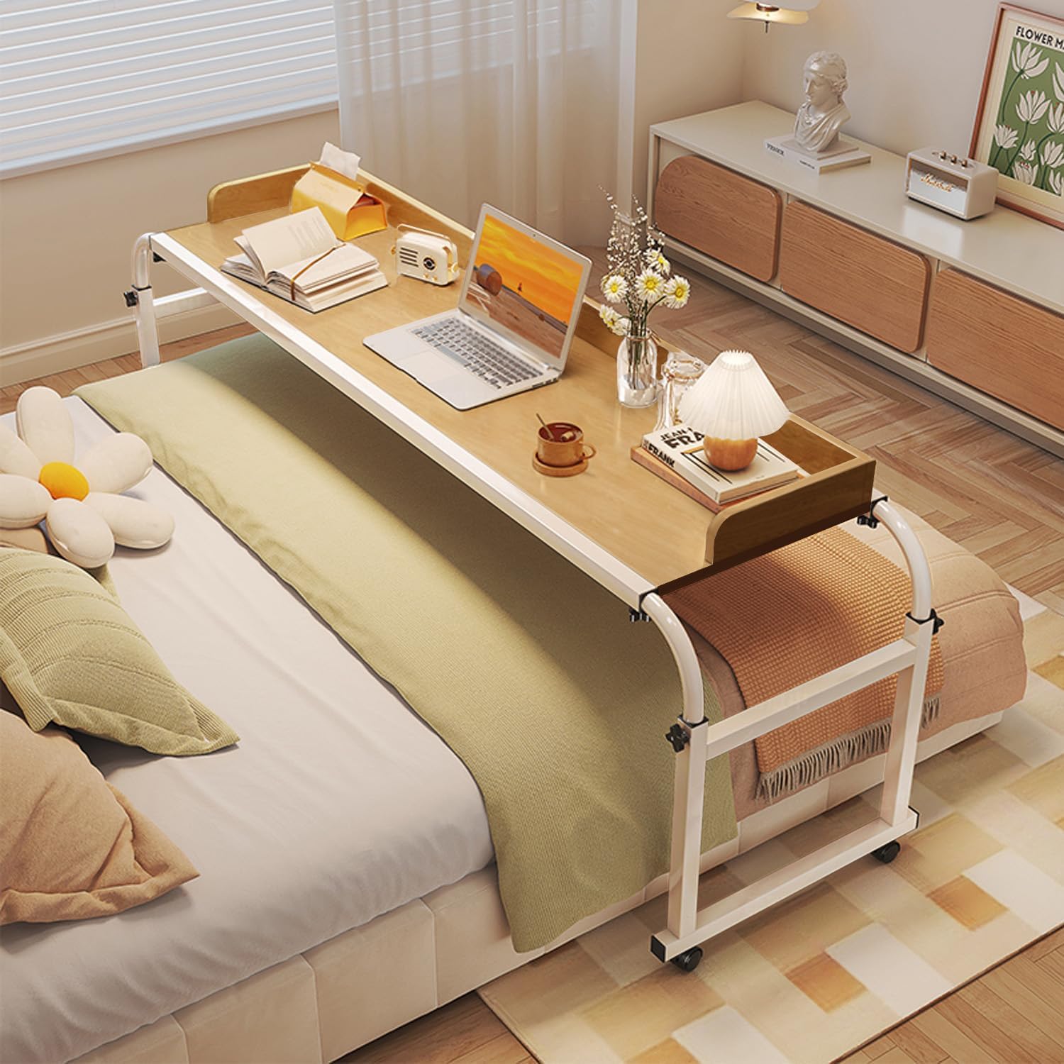 Portable Standing Desk,Over Bed Table for Divan Bed Over Bed Table Adjustable Height Divan Small Under Mattress Over Bed Trolley Table On Wheels(Color:Wood+)