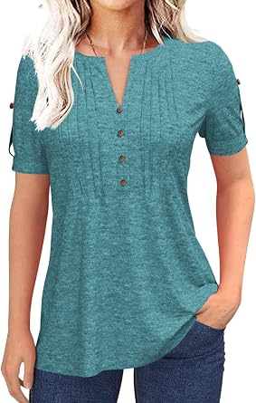 Womens Zipper Summer Pleated Button Short Sleeve T-Shirt Summer V-Neck Solid Color Casual top