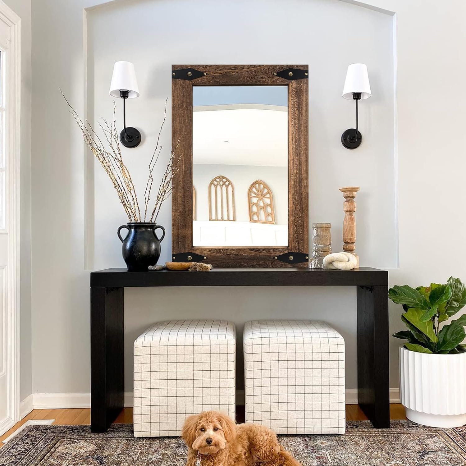 Rustic Wooden Framed Wall Mirror for Bathroom, Farmhouse Decorative Natural Wood Vanity Mirror, Wall Mounted Rectangular Mirror for Bedroom Living Room, Vertical or Horizontal Hanging, 26x40 Inches 40"L x 26"W Arrow