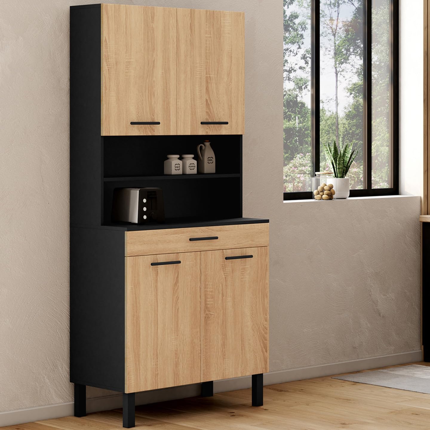 IDMarket - Küchenbuffet 80 cm CINA 4 Türen + Schublade schwarz und Buchenholzoptik