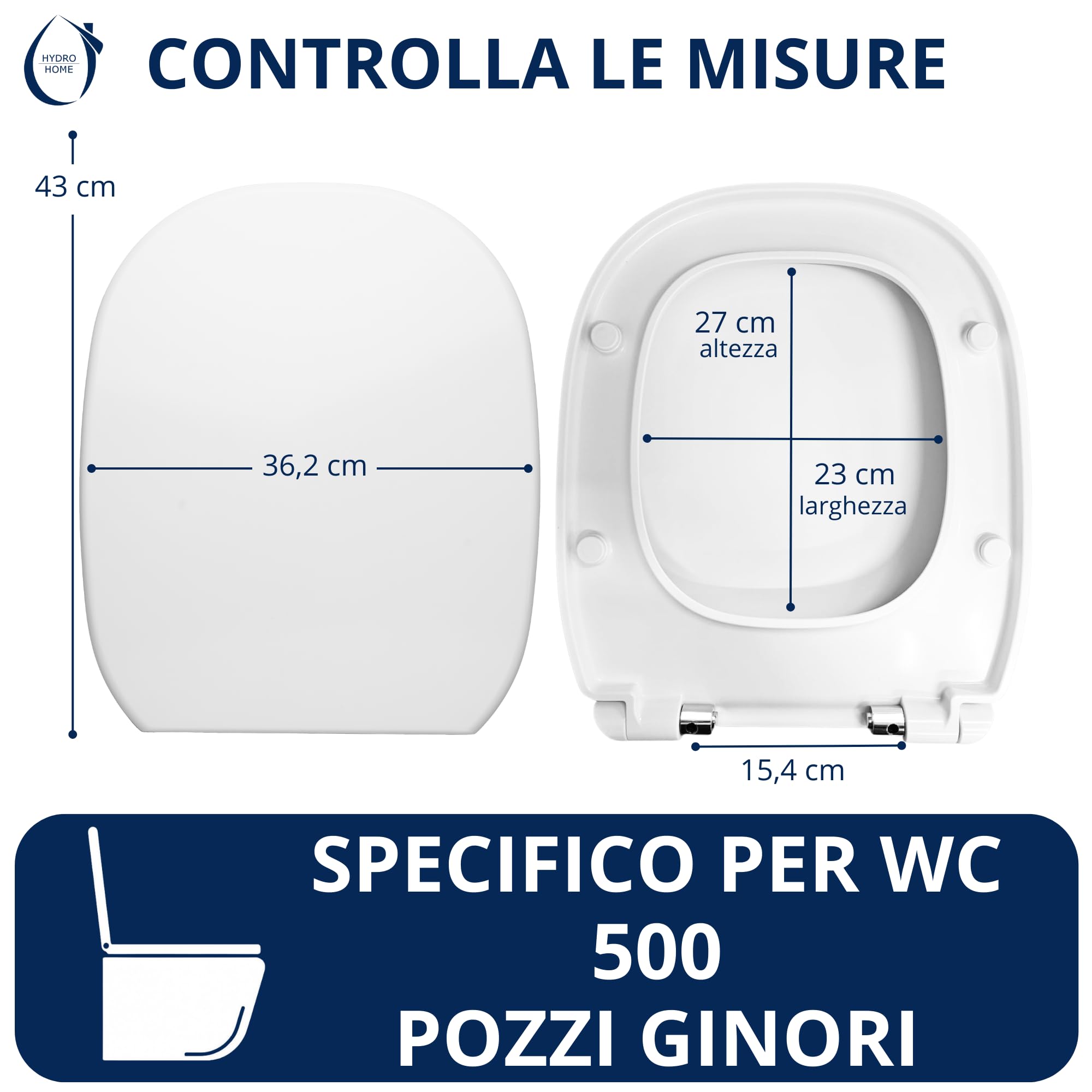 HYDRO HOME Tapa WC compatible con Pozzi Ginori 500 como original, termoendurecida, con bisagras fijación superior, Made in Italy (CIERRE SUAVE)