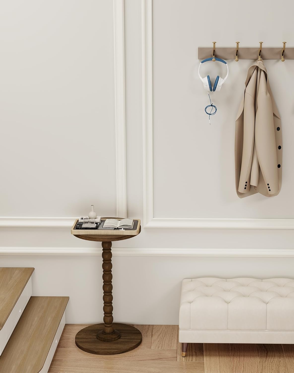 Modern Round Small End Table for Small Spaces, Pedestal Corner Side Table with Solid Wood Leg, Vintage Couch Drink Table for Sofa, Accent Coffee Tea Table for Living Room Bedroom, Walnut