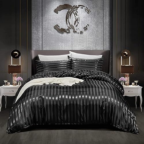 Sisher Edredón King de 5 piezas, juego de ropa de cama de seda a rayas para hombre y mujer, cama negra rica de lujo en una bolsa King (1 edredón, 2