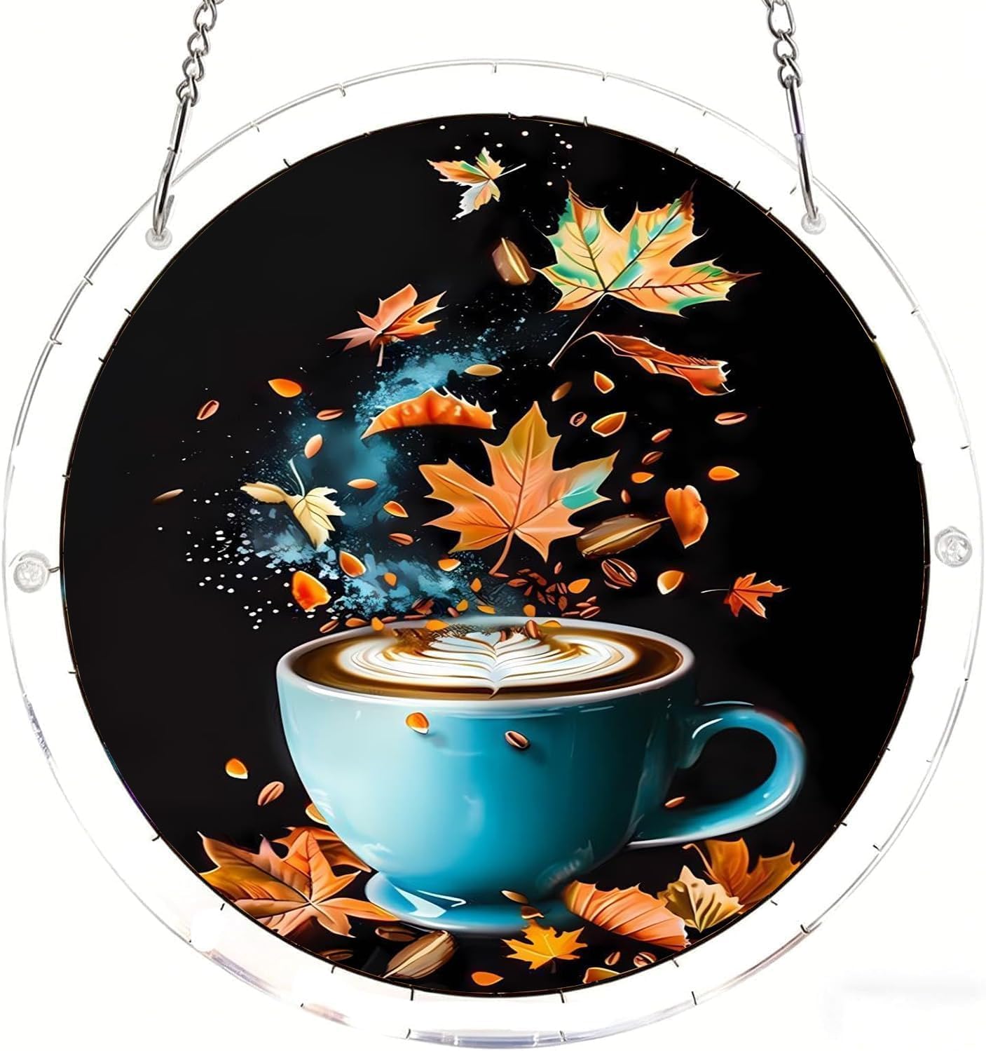 Coffee with Maple Leaves Maple Acrylic Jigsaw Puzzles Suncatcher, 8.2 Inch Window Hanging Suncatcher Acrylic Puzzle, DIY Home Decor Art Gift