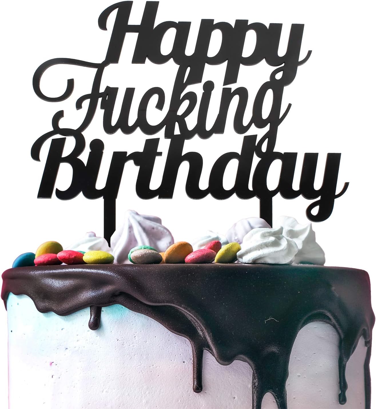 LINGTEER Happy Fucking Birthday Black Acrylic Cake Topper Perfect for Funny Birthday Party Gift Decorations.