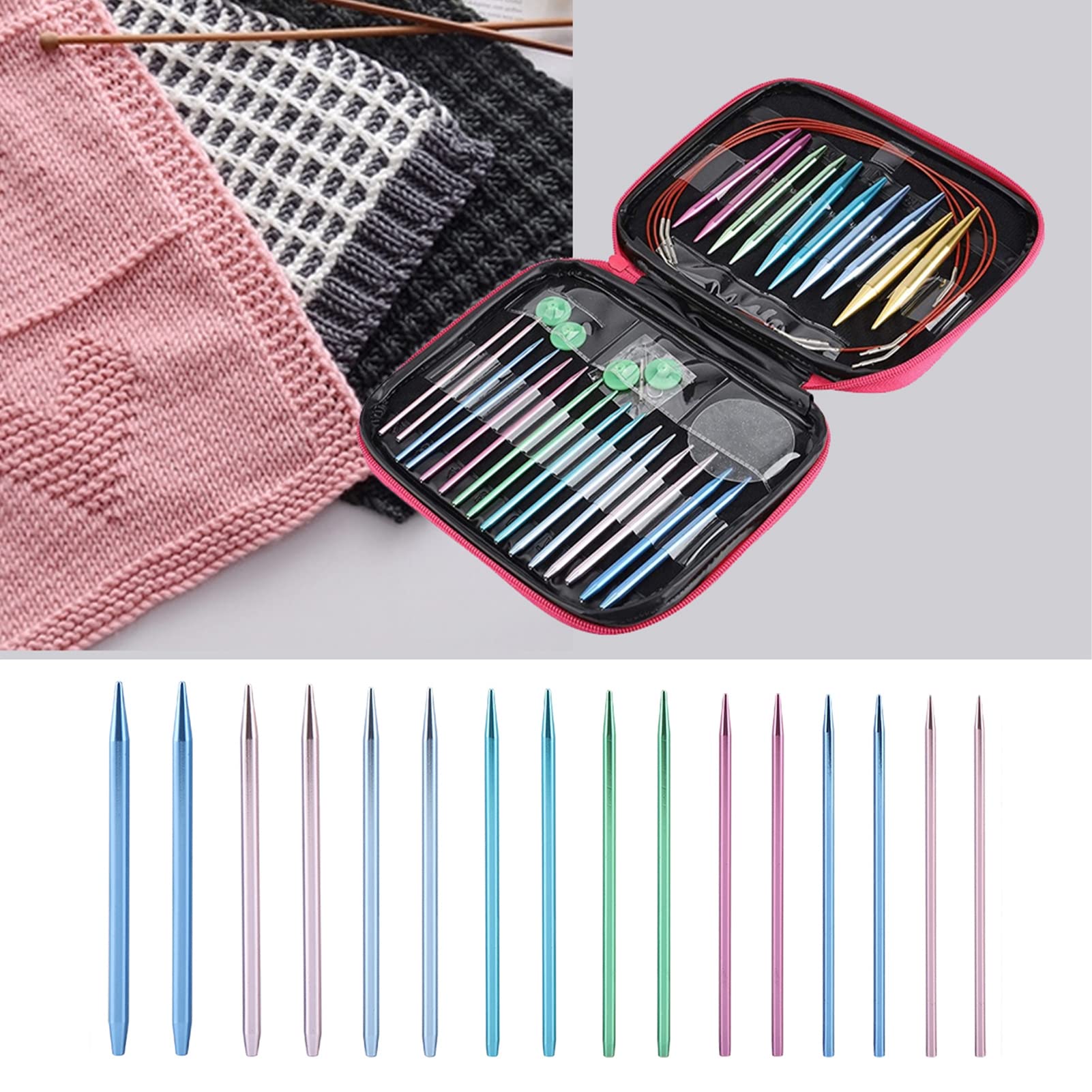 Yunxwd Juego de agujas de tejer, 13 pareja Juego de Agujas de Tejer Ganchillo Aguja de Punto Circular Las Agujas de Punto Redondas Intercambiables extraíbles en Varios tamaños para Tejer a Mano DIY