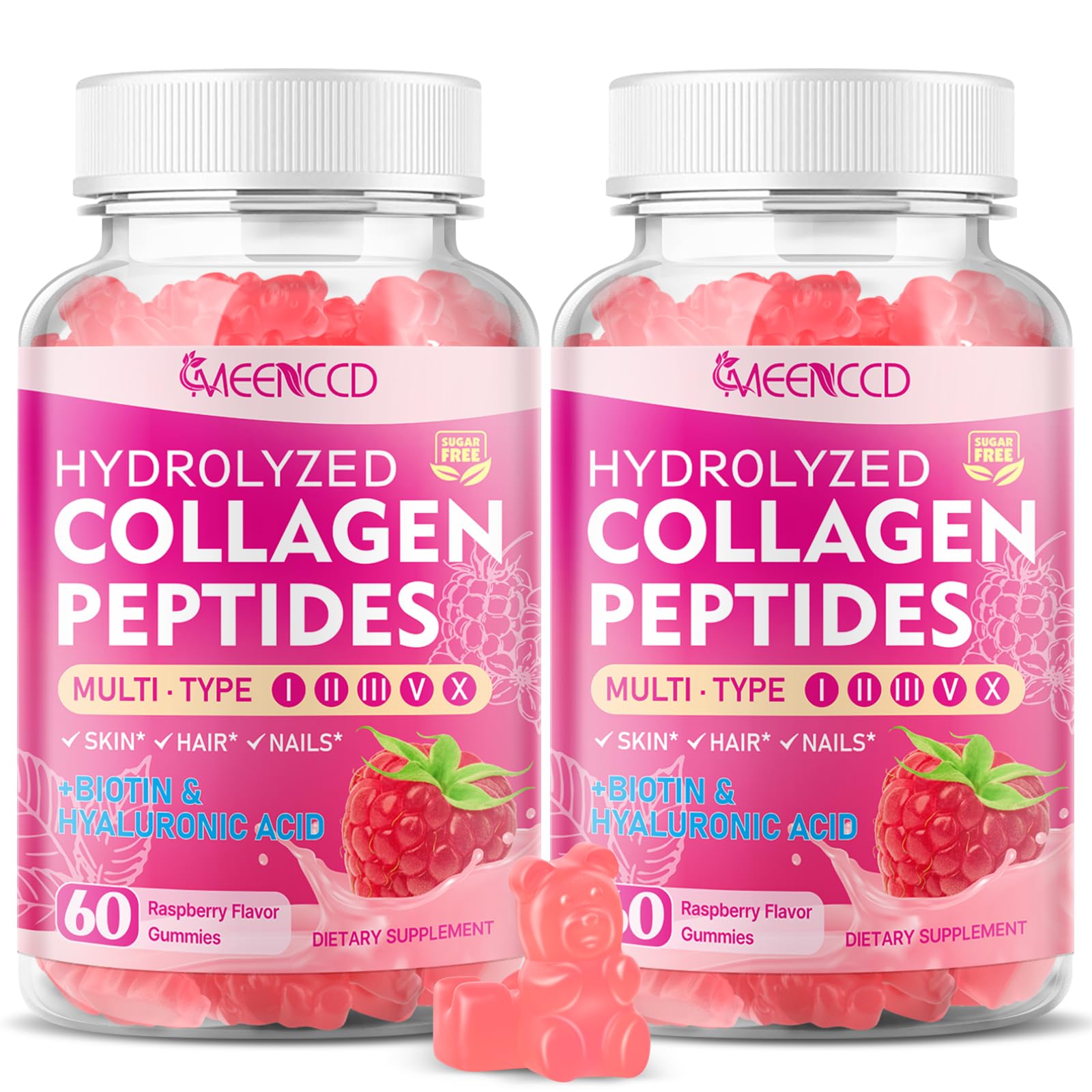 MEENCCD 2 Pack Hydrolyzed Collagen Peptides Gummies for Women & Men, Multi-Collagen Type I,II,III,V,X with Biotin, Hyaluronic Acid, Zinc, Vitamin C, E - Skin, Hair, Nails, Raspberry Flavor, 120 Count 60 Count (Pack of 2)