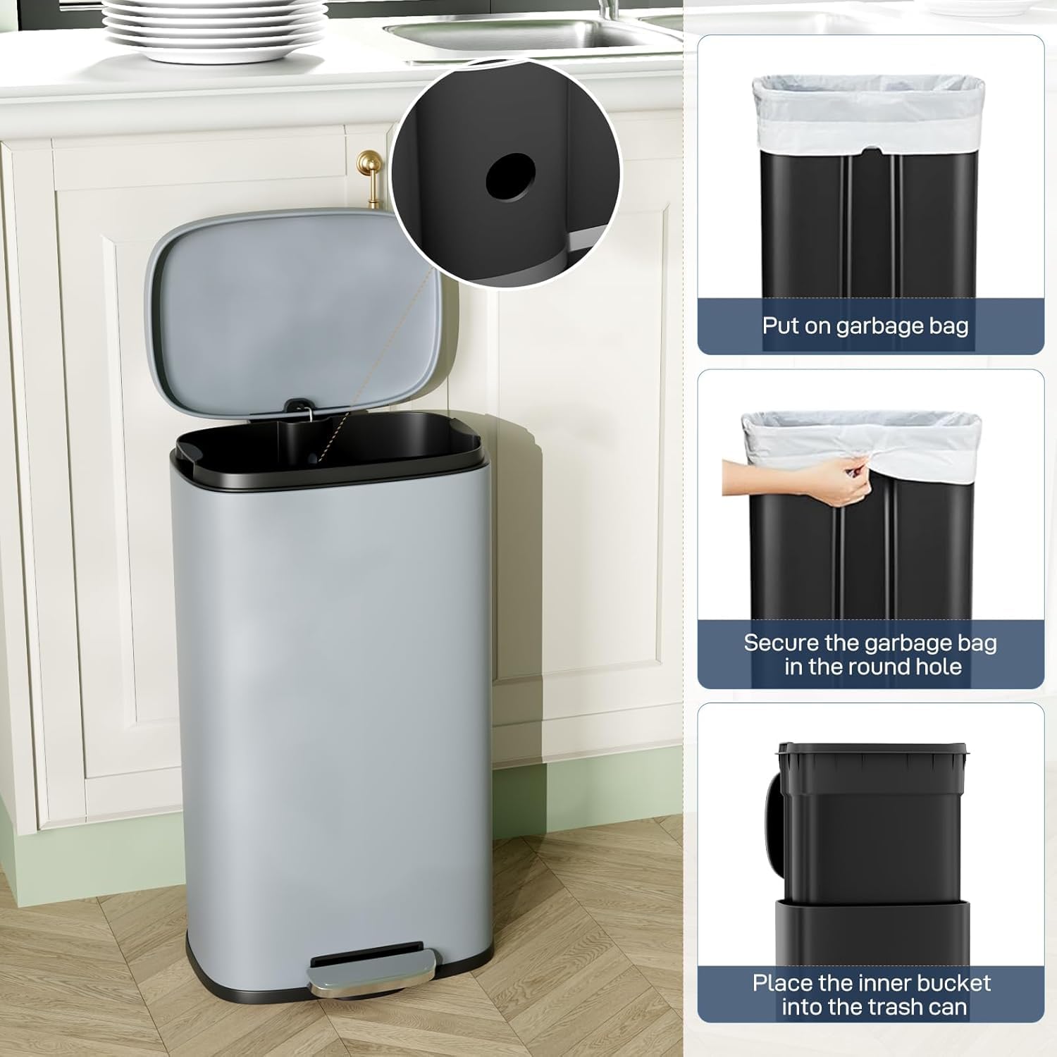 Clevich Mülleimer 50L aus Stahl, Abfalleimer, Tretmülleimer mit Soft-Close Deckel, Fußpeda, abnehmbarer Inneneimer aus Kunststoff, für Küche, Badezimmer, Büro - Grau