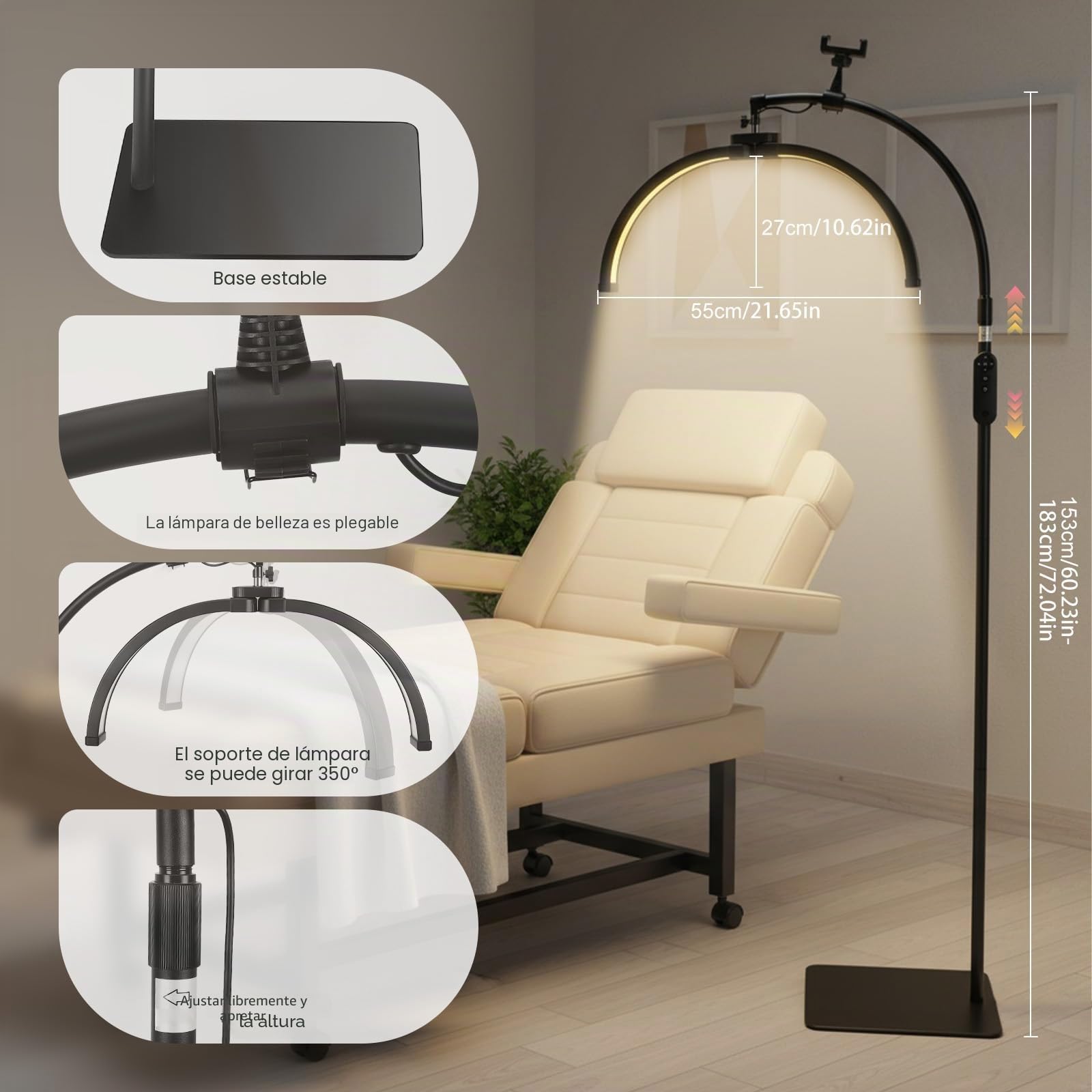 Lámpara LED cosmética de media luna Cabezal giratorio de 360° con 3 temperaturas de color Lámpara pestañas con altura ajustable y control remoto extensiones de pestañas, maquillaje, tatuajes, manicura