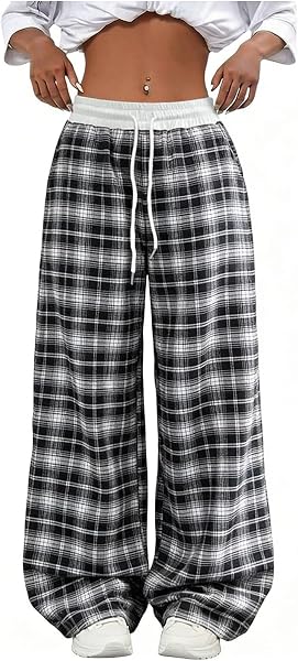 Linen Pants Women Summer Plus Size Patchwork Plaid Wide Leg Pants Baggy Lounge Trousers with Pockets Vintage Y2k Clothes - 1