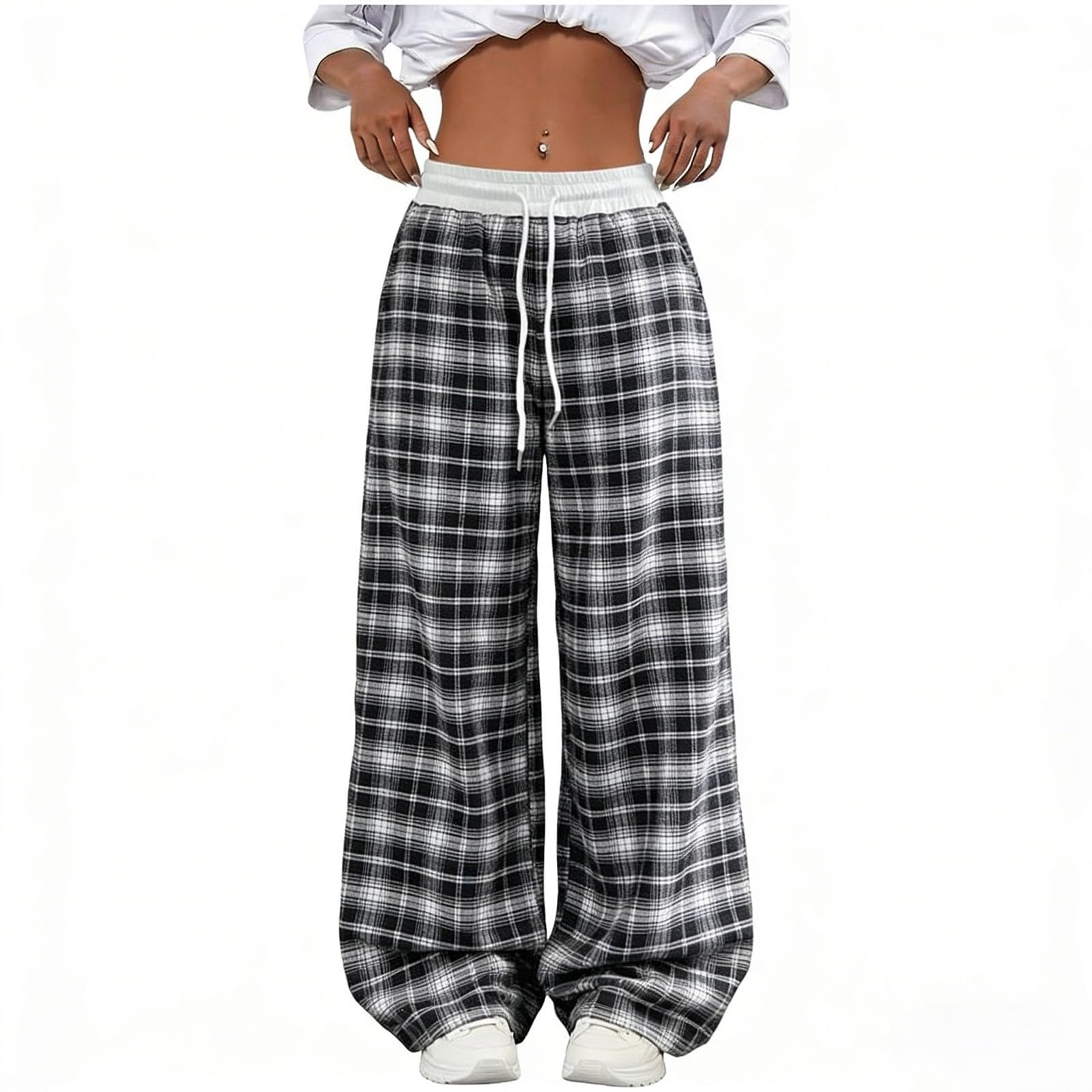 Linen Pants Women Summer Plus Size Patchwork Plaid Wide Leg Pants Baggy Lounge Trousers with Pockets Vintage Y2k Clothes
