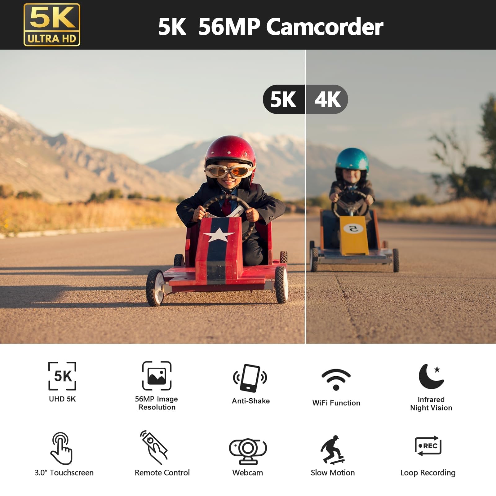 Cámara de Video 5K 56MP Camara Video Vlogging Camera, WiFi Visión Nocturna 3" 270° Pantalla táctil giratoria Video Camara con Tarjeta de 64GB, Micrófono, Estabilizador, Remoto, Baterías, Trípode