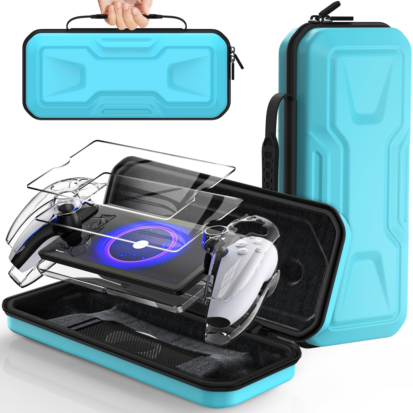 FYOUNG 3 in 1 Accessories Case Bundle for Playstation Portal | Carrying Case & Hard PC Cover with Screen Protector, Protective Case & Hard Shell Travel Handbag for PS5 Portal（Light Blue)