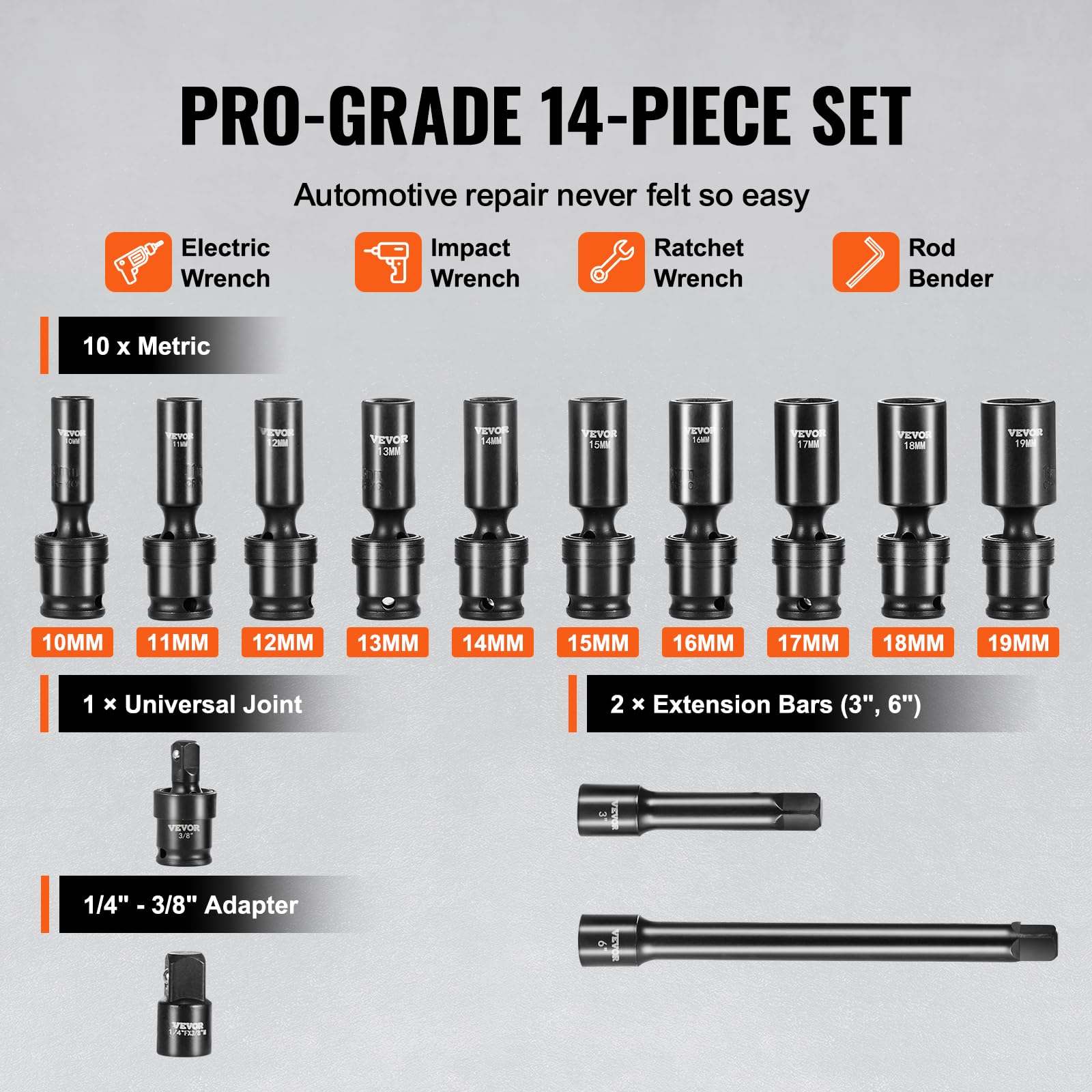 VEVOR Set di bussole girevoli a 360 gradi, set di chiavi a bussola da 3/8", 14 pezzi, metriche universali profonde da 10-19 mm, in lega di acciaio Cr-Mo a 6 punti per riparazione automatica, marcature