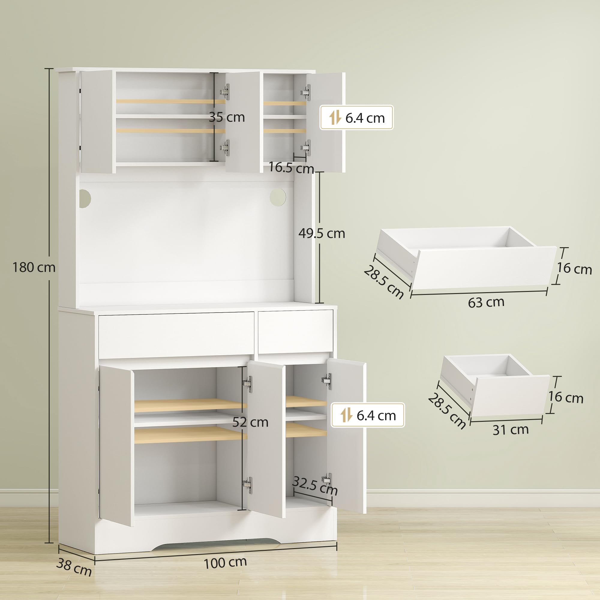 HOMCOM Credenza Cucina Alta con 6 Ante e 2 Cassetti, Mobile Cucina con Passacavi, Mobile Dispensa con Ripiani Regolabili e Piano per Microonde, per Sala da Pranzo e Soggiorno, 100x38x180 cm, Bianco