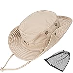 Sun Hats for Men Women Bucket Hat UPF 50+ Boonie Hat Foldable UV Protection Hiking Beach Fishing Summer Safari with Removable Head Net Mesh(1pack-Khaki)